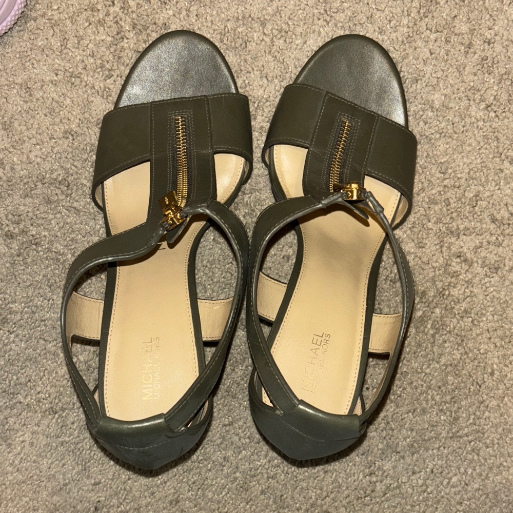 Michael Kors Dark Green Sandals with Gold Zipper